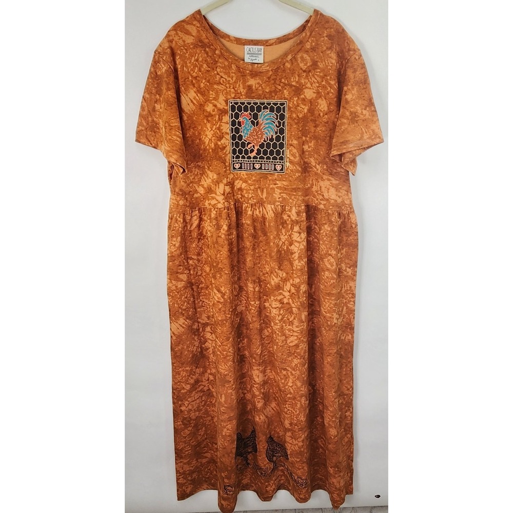 Vintage Cactus Bay x Lynee Rooster Maxi Dress Women's L Tie Dye Orange Y2K